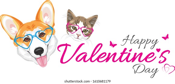 Happy welsh corgi and cute cat in glasses heart shaped. Festive Design for Valentines Day. Vector