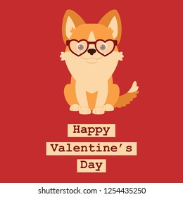 Happy welsh corgi puppy in heart shaped glasses. Romantic Valentine's Day greeting card template