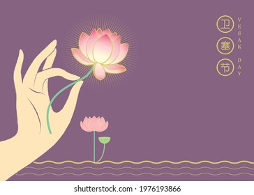 Happy Wesak day or buddha purnima greeting template or copy space. Hand of buddha holding lotus flower flat design. Vector illustration. (translation: Vesak day)