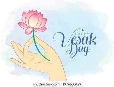 Happy Wesak Day or buddha purnima greeting template. Hand of buddha holding lotus flower on blue watercolor background. Flat design. Vector illustration. (translation: Vesak Day)