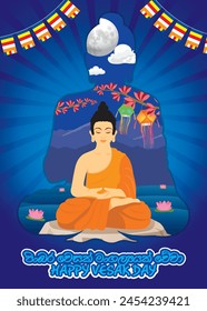 Happy Wesak Day Vector. Creative Concept for Card or Banner. Wesak Day is a Buddhists. Happy Buddha Day with Siddhartha Gautama Statue Design Vector Illustration