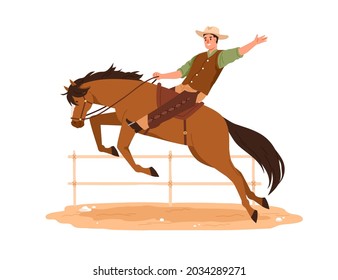 Happy Western American cowboy in hat riding horse. Texas man on horseback. Wild West rider of bronco. Smiling joyful vintage horseman on mustang. Flat vector illustration isolated on white background
