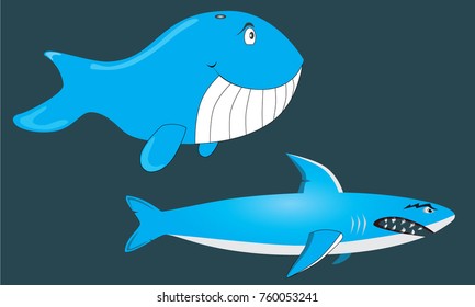 Happy whale and angry shark