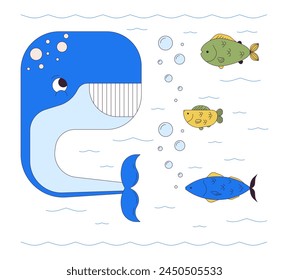 Happy whale with fishes underwater 2D linear cartoon characters. Deep ocean creatures isolated line vector personages white background. Researching marine life color flat spot illustration