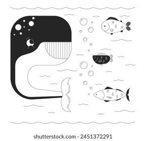 Happy whale with fishes underwater black and white 2D line cartoon characters. Deep ocean creatures isolated vector outline personages. Researching marine life monochromatic flat spot illustration