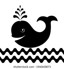 A happy whale  with a fountain and waves, funny illustration, sea life symbol in black and white, childish whale icon 