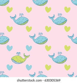 Happy whale with hearts vector seamless pattern for wrapping and textile