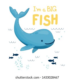 Ballena feliz en el océano. Ilustración vectorial en estilo bonito con texto. Genial, dulce afiche.