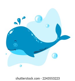 Happy whale in the ocean. Vector illustration for baby shower or birthday party invitation, nursery, child clothing