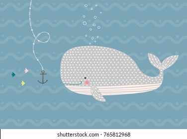 Happy whale in the ocean. Vector illustration in Scandinavian style. Funny, cute poster.