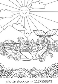 Happy whale swimming in the beautiful ocean for coloring book page. Vector illustration.