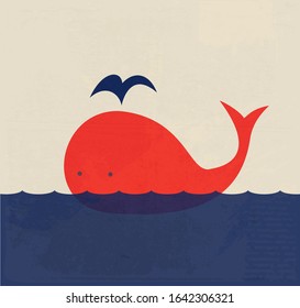 happy whale vector illustration retro poster