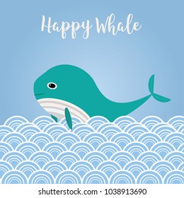 Happy whale and wave sea card kids background vector 