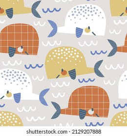 Happy Whale in the waves vector seamless pattern. Cute ocean creatures background. Scandinavian decorative sea abstract childish surface design for nautical nursery and navy kids fabric.