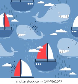 Happy whales and boats, hand drawn seamless pattern. Marine background vector. Colorful illustration, overlapping backdrop. Decorative cute wallpaper, good for printing