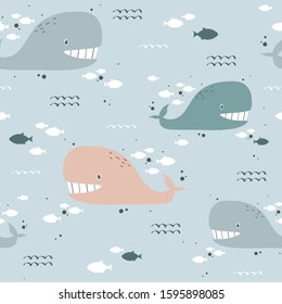 Happy whales, fishes, hand drawn seamless pattern. Marine background vector. Colorful illustration, overlapping backdrop. Decorative cute wallpaper, good for printing
