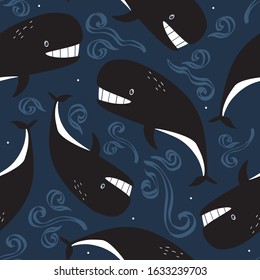 Happy whales, hand drawn seamless pattern. Marine background vector. Colorful illustration, overlapping backdrop. Decorative cute wallpaper, good for printing