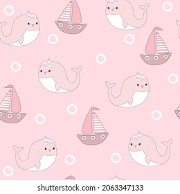 Happy whales and ship. Animal flat clipart. Modern poster for prints, kids cards, t-shirts.