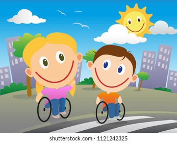 Happy wheelchair children cross the road at a zebra crossing in a sunny day in the city.