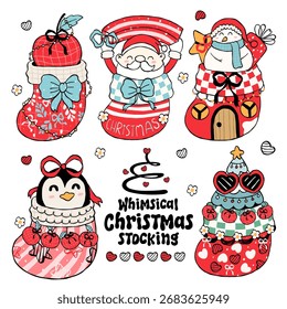 Feliz calcetín de Navidad caprichoso. Ilustración vectorial.