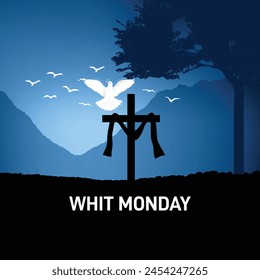 Happy Whit Monday. Pentecost Monday also known as Monday of the Holy Spirit. Christian peace vector. Whit Monday creative template, banner, poster, social media post, greetings card etc