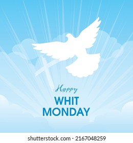 Happy Whit Monday vector. Holy Spirit white dove on a heavenly background vector illustration. Christian feast design element. Important day