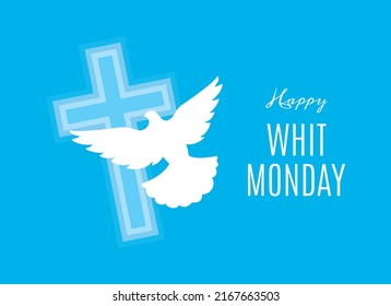 Happy Whit Monday vector. Holy Spirit white dove and religious cross on a blue background vector illustration. Christian feast design element. Important day