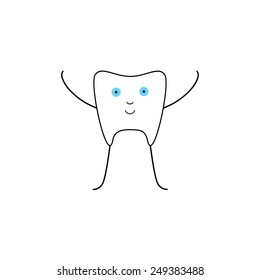 Happy white with black contour tooth personage standing on legs and holding his hands up with blue eyes and smile isolated on white background. Logo template