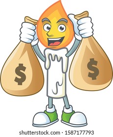 Happy white candle cartoon character with two money bags