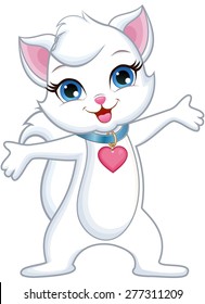 Happy white cat with blue eyes and spread, welcoming hands, wearing a heart necklace