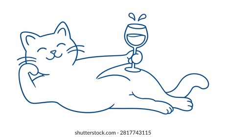 A happy white cat drawn in blue outline holding a wine glass and relaxing