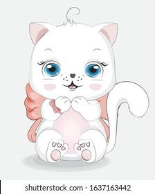 Happy white cat girl, kitten with bow. Picture in hand drawing cartoon style, for t-shirt wear fashion print design, greeting birthday card, postcard. baby shower. party invitation.
