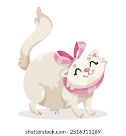 Gato blanco feliz con el arco rosado en el fondo blanco. Ilustración vectorial