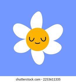 Personaje alegre de camomila blanca con ojos cerrados sonriendo sobre fondo azul. Daisy con tierna ilustración de caricaturas faciales. Flores, concepto de saludo