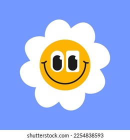 Happy white chamomile character crazy smiling on blue background. Daisy with cute face cartoon illustration. Flowers, greeting concept
