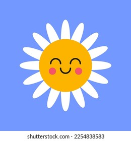Happy white chamomile character with smiley face on blue background. Daisy with cute face cartoon illustration. Flowers, greeting concept