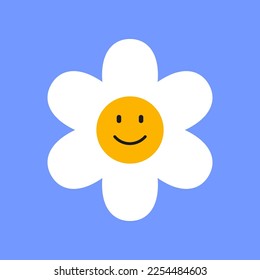 Happy white chamomile character smiling on blue background. Daisy with cute face cartoon illustration. Flowers, greeting concept