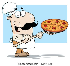 Happy White Chef Carrying A Pizza Pie On A Stove Shovel