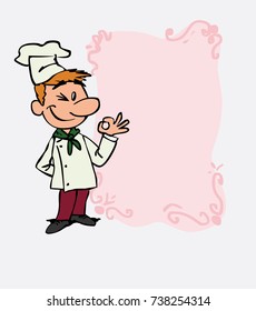 Happy white chef makes the gesture of ok. Is showing, as if he were in front of a blackboard, the data you want.
