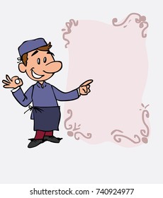 Happy white chef makes the gesture of ok. Is showing, as if he were in front of a blackboard, the data you want.
