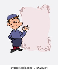 Happy white chef makes the gesture of ok. Is showing, as if he were in front of a blackboard, the data you want.
