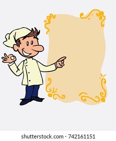 Happy white chef makes the gesture of ok. Is showing, as if he were in front of a blackboard, the data you want.
