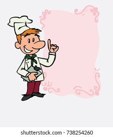 happy white chef is showing, as if he were in front of a blackboard, the data you want. He has a folder in his hand.

