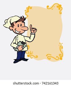 happy white chef is showing, as if he were in front of a blackboard, the data you want. He has a folder in his hand.
