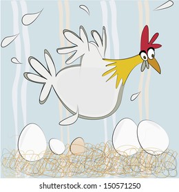 a happy white chicken with five eggs in a blue background
