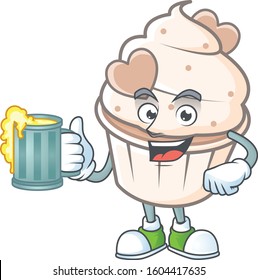 Happy white cream love cupcake mascot design with a big glass