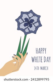 Happy White Day banner in trendy Retro Groovy style. Blue Valentine's Day vintage card design. Vector illustration can used web and social media poster, greeting card and brochure cover. EPS 10 