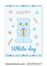 Happy White Day card template. Vector illustration for greeting card or poster. Kawaii bear and sweets in pastel color.