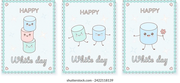 Happy White Day cards template set. Vector illustration for greeting card or poster. Kawaii marshmallow in pastel color.