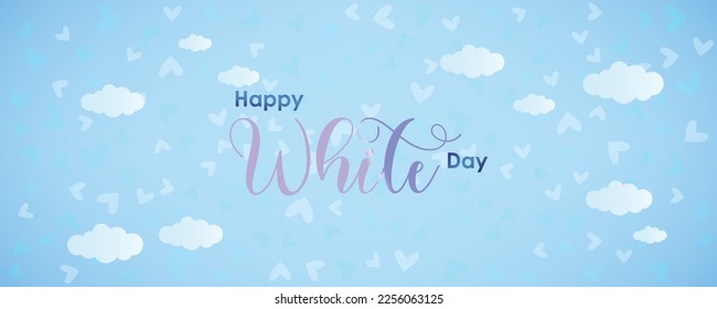 Feliz Día Blanco nube blanca patrón de forma de corazón azul en fondo degradado azul. Ilustración vectorial.